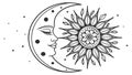 Celestial Sun and Crescent Moon Faces with Stars, Cosmic Harmony, vector design Generative AI Royalty Free Stock Photo