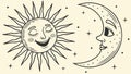Celestial Sun and Moon with Faces Line Art, Cosmic Harmony, vector design Generative AI Royalty Free Stock Photo