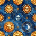 Celestial Sun and Moon Faces Seamless Pattern Royalty Free Stock Photo