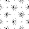 Celestial sun pattern. Magic seamless background with sun, moon, stars, eyes vector design.