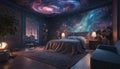 A celestial-themed bedroom with neon lights resembling a swirling