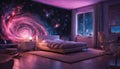 A celestial-themed bedroom with neon lights resembling a swirling galaxy