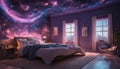 A celestial-themed bedroom with neon lights resembling a swirling galaxy