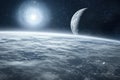 Celestial view of Earth with distant moon and bright star in the background at night Royalty Free Stock Photo