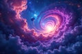 A celestial vortex of vibrant hues and cosmic clouds swirling into a radiant light. Generative AI Royalty Free Stock Photo