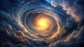 Celestial vortex a whirlwind of clouds enveloping a radiant, golden light source. Generative AI Royalty Free Stock Photo