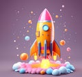 Celestial Voyage: 3D Rendering of a Cute Space Rocket Crafted with Generative AI