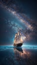 Celestial Voyage: Nebula Sails Ship on Milky Way Galaxy Seascape HD Background