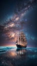 Celestial Voyage: Nebula Sails Ship on Milky Way Galaxy Seascape HD Background