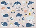 Celestial whales, dolphins and narwhal stickers collection.