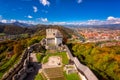 Celje Old castle, aerial view of medieval fortification and town of Celje, Slovenia, travel background