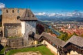 Celje Old castle, aerial view of medieval fortification and town of Celje, Slovenia, travel background Royalty Free Stock Photo