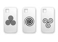 Set of white realistic phone case with geometric wiccan symbol. Vector template of smart phone back view mockup on isolated