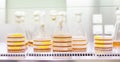 Cell culture samples on LB agar medium in petri dishes and Erlenmeyer flask in laminar flow. Agar plates are used by Royalty Free Stock Photo