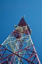 Cell phone antenna, transmitter. Telecom radio mobile antenna against blue sky Royalty Free Stock Photo