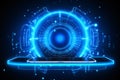 A cell phone with a blue neon circle HUD behind it sits on a dark surface, Technology concept Royalty Free Stock Photo