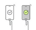 Cell phone charger connected icon or mobile smartphone recharge with usb cable line outline art illustration with check mark on Royalty Free Stock Photo