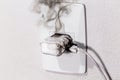 Cell phone charger short-circuited, smoke and fire, electrical appliance melting