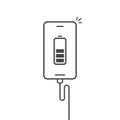 Cell phone charging vector icon or mobile smartphone connected via usb cable charger adapter line outline art isolated on white,