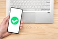 Cell phone confirmation. Smartphone with green checkmark on screen, validated, confirmed, completed, approved. hand hold phone Royalty Free Stock Photo