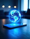 A cell phone is displaying a blue globe on its screen Royalty Free Stock Photo