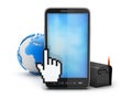 Cell phone, earth globe, mailbox and cursor hand Royalty Free Stock Photo