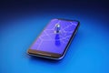 Cell phone with location icon, gps icon on mobile screen, blue background, Generative AI Royalty Free Stock Photo