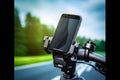 Cell phone mounted to bike handlebar on road. Generative AI Royalty Free Stock Photo