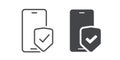 Cell phone shield security verification icon pictogram vector flat graphic, cyber secure protection mobile cellphone smartphone