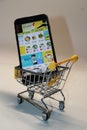 The cell phone is in a shopping cart