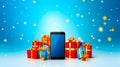 Cell phone sitting on top of table next to pile of presents. Generative AI Royalty Free Stock Photo