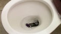 Cell phone splashing into a toilet bowl after accidentally being dropped.