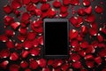 A cell phone surrounded by rose petals Royalty Free Stock Photo