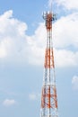 Cell phone tower with blue sky background.