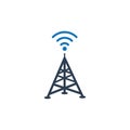 Cell Phone Tower Icon. Radio tower / mast with radio waves for broadcast transmission line art vector icon for apps and websites