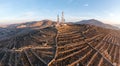 Cell tower. Cellular base station, mobile phone antenna aerial view. Rural background Royalty Free Stock Photo