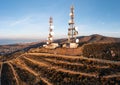 Cell tower. Cellular base station, mobile phone antenna aerial view. Rural island background Royalty Free Stock Photo