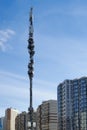 Cell tower with monitoring and control devices and antennas, transmitters and repeaters for mobile communications and Royalty Free Stock Photo