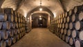 In the cellar, rows of wine barrels are neatly arranged.. Generated with AI Royalty Free Stock Photo