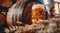 Beer mug with wheat and hops in cellar ambiance with barrel. Ai Generated