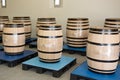 Cellar wooden wine barrels in harvest saint emilion village bordeaux France