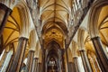 Celling inside the Salisbury Cathedral, England. Medevial architecture. Selective focus. copy space.