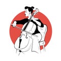 Cellist on chair in sketch style. Female musician with violoncello on white background.