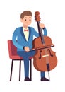 Cellist performance. Classic male musician character in blue dress with cello plays melody, violoncello instrument Royalty Free Stock Photo