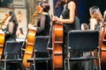 Cello in cellist hands at classical music symphony concert closeup Royalty Free Stock Photo