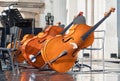 Cello classical instrument on an empty stage.