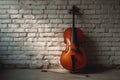 Cello and Bow Leaning Against a Textured Brick Wall Royalty Free Stock Photo