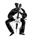 Cello player. black silhouette on white background.Violin jazz design.festival print.Music player.Classical instrument. Vector fla Royalty Free Stock Photo