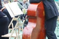 Cello player cellist in a free outdoor concert at a public park, musician plays cello Royalty Free Stock Photo