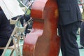 Cello player cellist in a free outdoor concert at a public park, musician plays cello